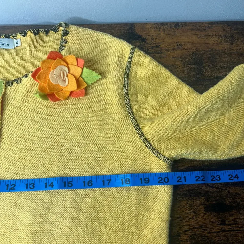 VTG Yellow Knit Button Front Cardigan Sweater Floral Applique Sz M Boho Eclectic